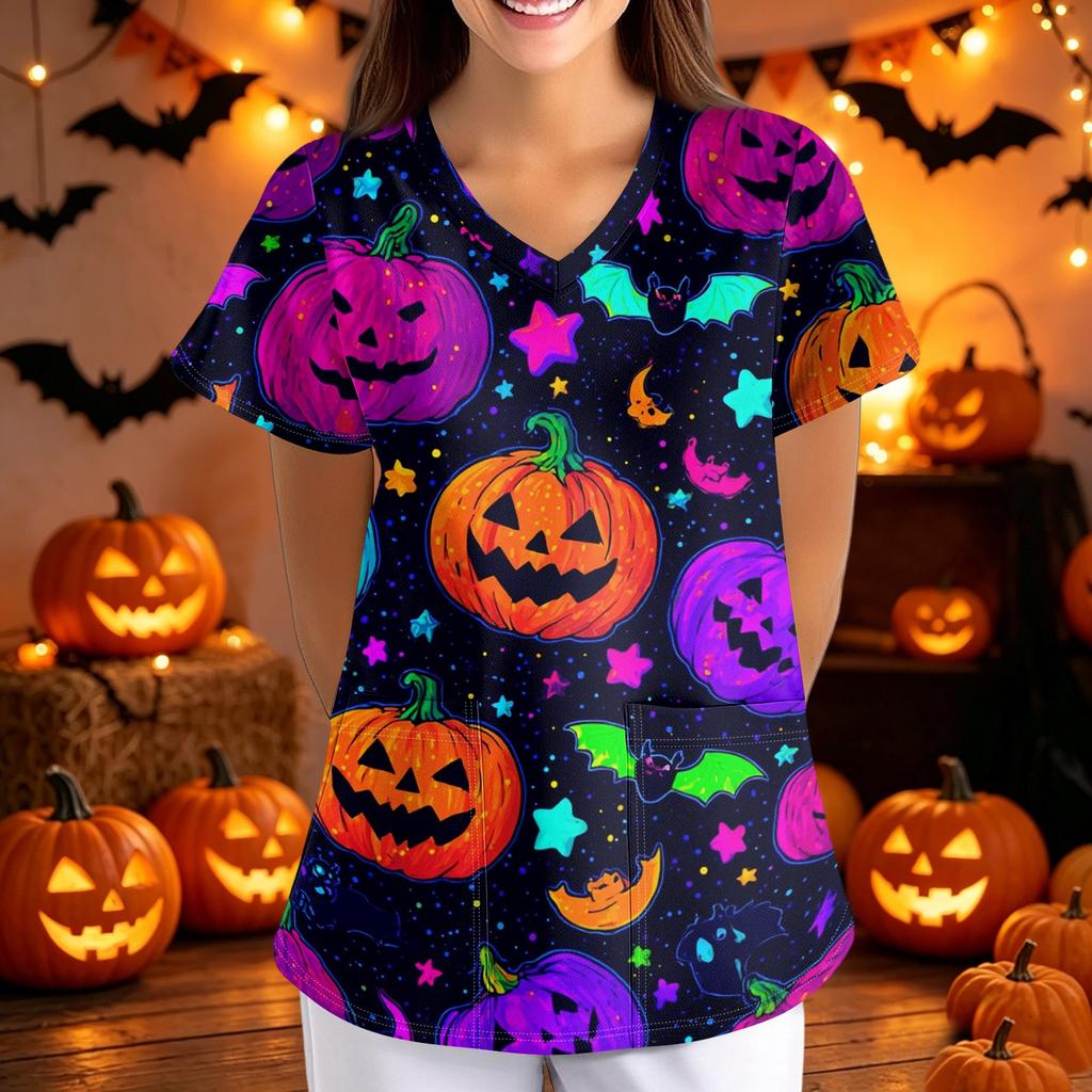 Women V Neck Loose Fit Printed Short Sleeve Top with Pockets Halloween Themed Bat and Cloud Pattern Comfortable Scrub Shirt