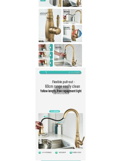 Elegant European-Style Brass Kitchen Faucet with Pull-Out Sprayer for Hot and Cold Water