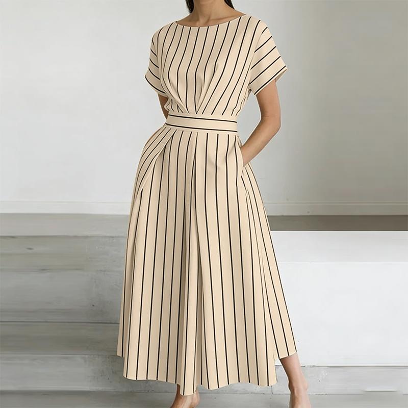 

ZANZEA Women Summer Round Neck Casual Short Sleeve Stripe Print Dress S абрикосовый