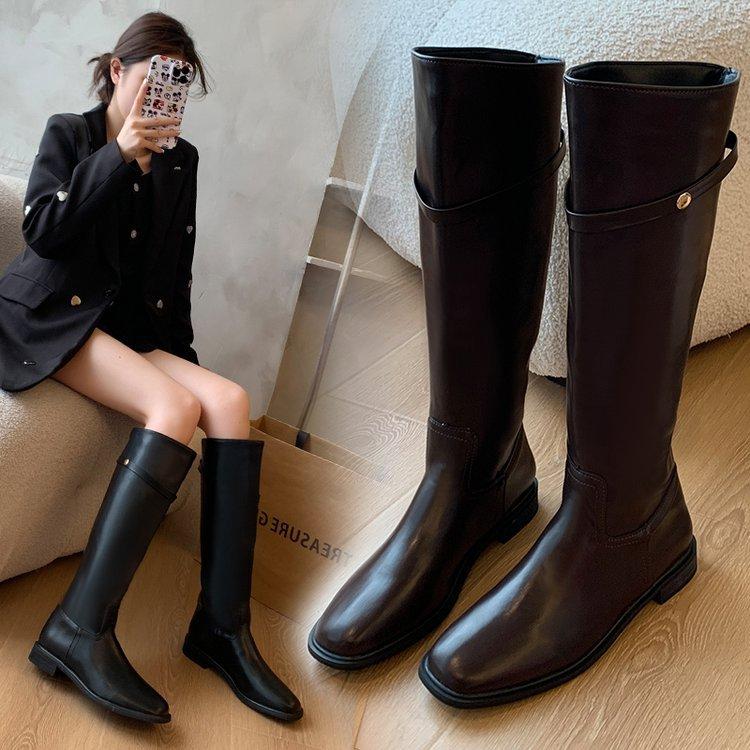 

Boots Women s 2025 Autumn New Versatile Explosive Retro Belt Buckle But Knee Boots Women s Round Head High Boots 39 коричневый