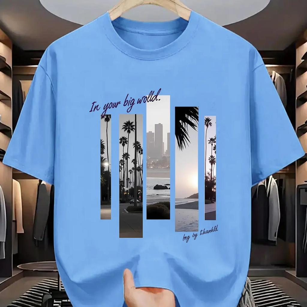 Summer men's round-neck tropical rainforest print short-sleeved casual fashion sports 100% pure cotton T-shirt