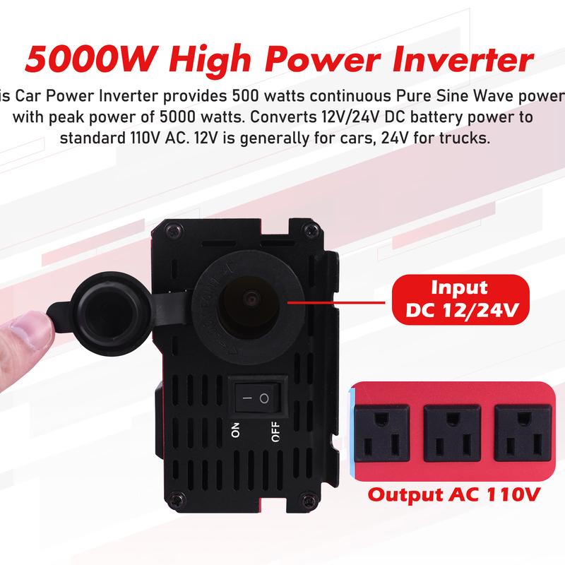 5000W Car Power Inverter Pure Sine Wave DC 12V To AC 110V Converter LCD Screen Display Portable Household
