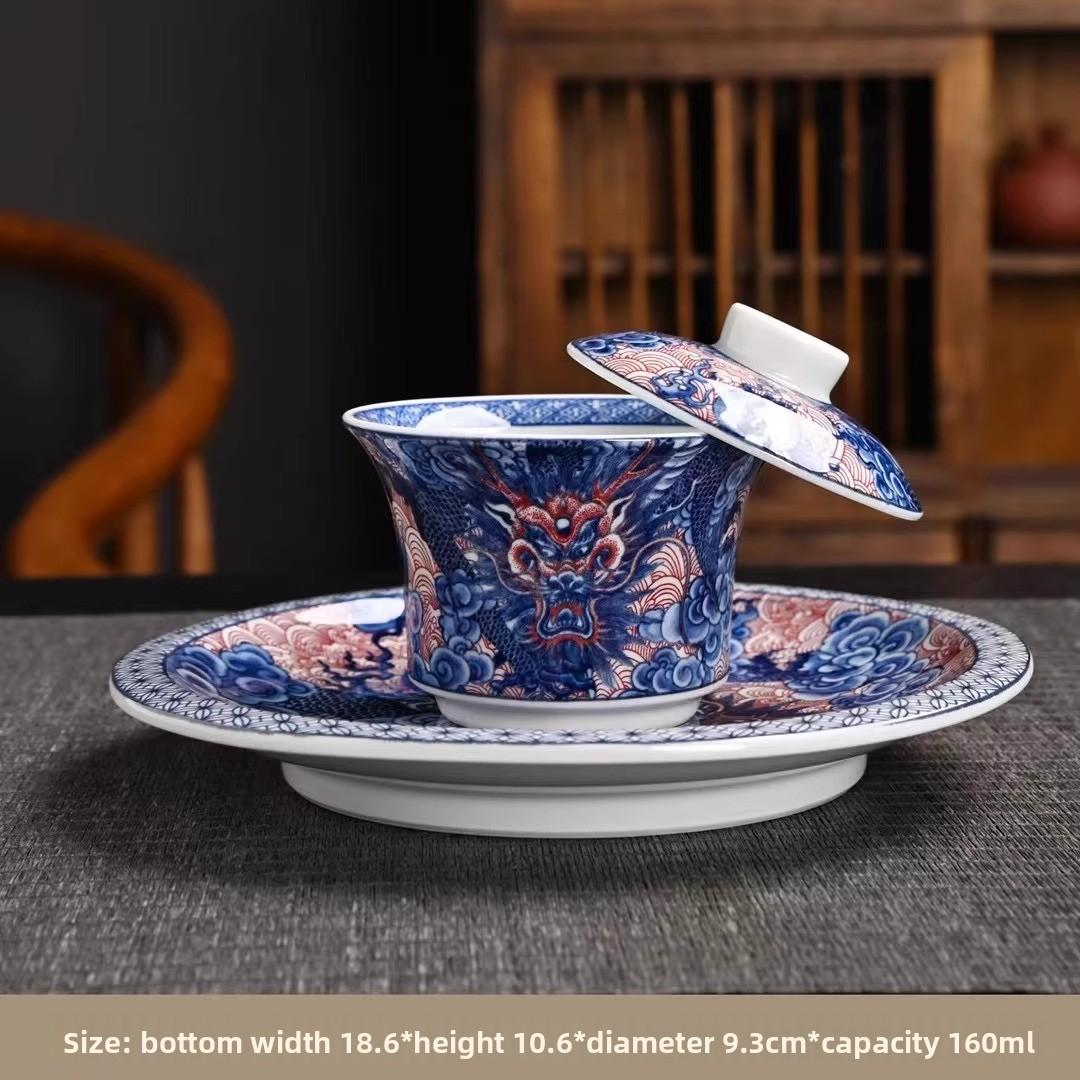 

160ml Jingdezhen Ceramic Blue and White Dragon Pattern Bowl Cover Chinese Household Three Piece Tea Bowl Set Hoverable Lid Bowl 160ml синий