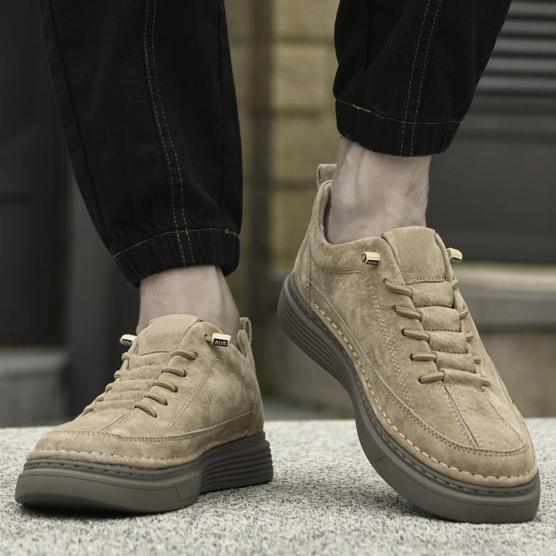 Men's Board Shoes Thick-soled Lace-up Round Head Board Shoes Fashion Casual Shoes Spring and Autumn Low-top Suede Leather Handmade Sports Trendy Shoes