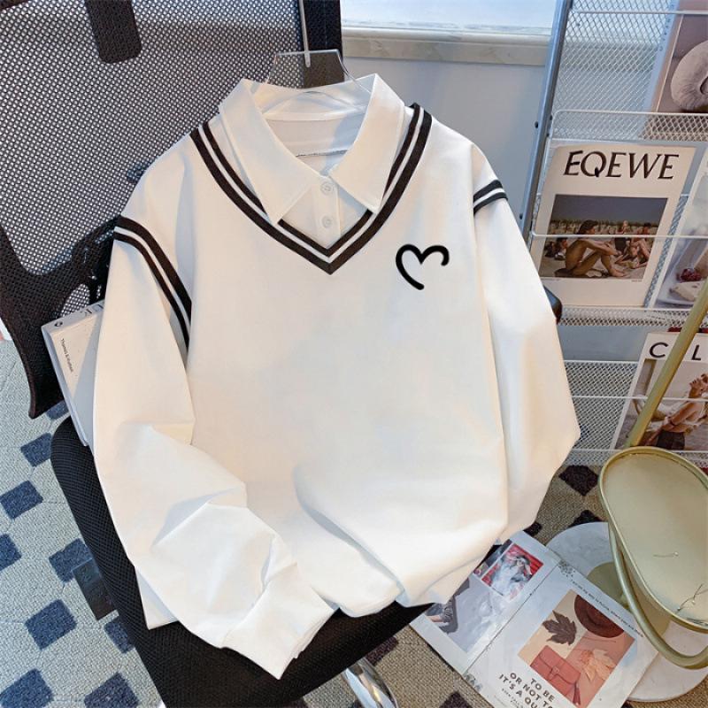 2024 Autumn Women's High-End Spliced Polo Sweatshirt - Long Sleeve, Loose, Slimming, Versatile Design