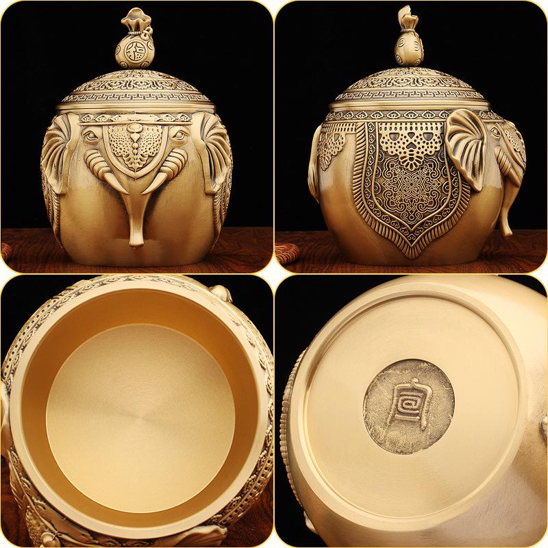 Brass Elephant Tea Can Cai Elephant Tea Can with Lid Lucky Bag Rice Tank Cornucopia Living Room Tea Desktop Pure Copper Ornament