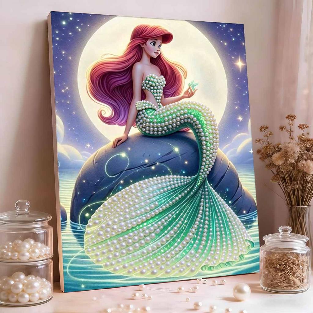 Dreamy Pearl-Inlaid Little Mermaid Frameless Art | Moonlit Starry Bg, Handmade Pearl & Diamond Craft, Ideal for Retro, Fairy, Luxury Home Decor
