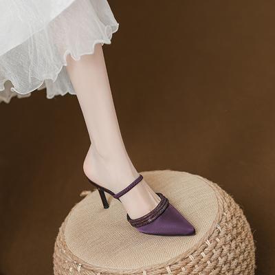 Purple Beautiful Temperament Thin Heels High Heels Mature Royal Sister Pointed Head Satin Word with Bag Head Slippers Children's New Models