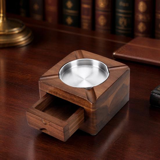 Yousheng Square Wooden Ashtray for Men, Non-slip Ash Holder with 4 Slots & Drawer, High Temperature Resistant Ashtray for Indoor Outdoor