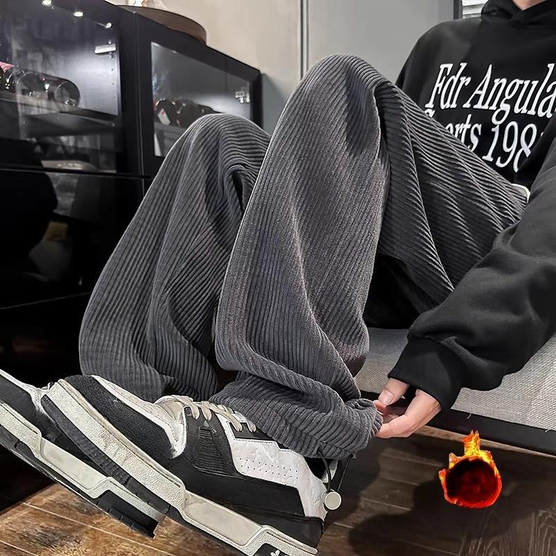 Men's Autumn Winter Fleece Lined Thickened Corduroy Pants Drooping Straight Leg Loose Wide Leg Retro Casual Sports Pants