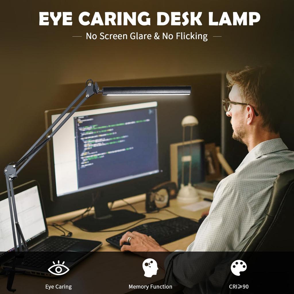 LED Desk Lamp Long Arm Foldable Clamp Adjustable Eye Caring Light with 3 Color Modes Dimmable for Reading Study and Office Work