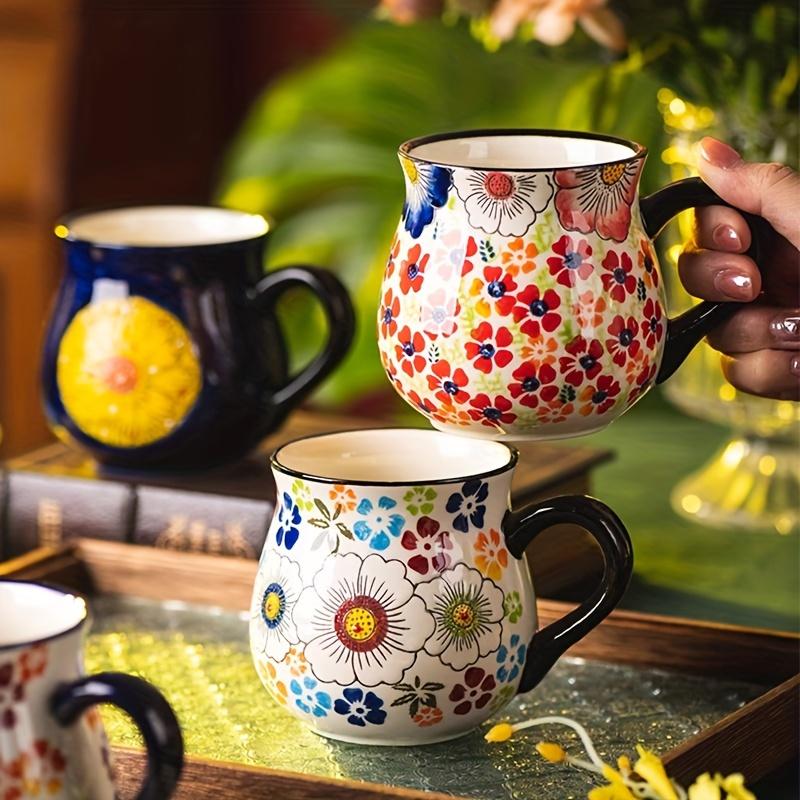 [Elegant Floral Ceramic Mug] 1pc Elegant Hand-Painted Floral Ceramic Mug - Microwave Safe, Insulated for Hot & Cold Drinks - Unique Coffee Accessory