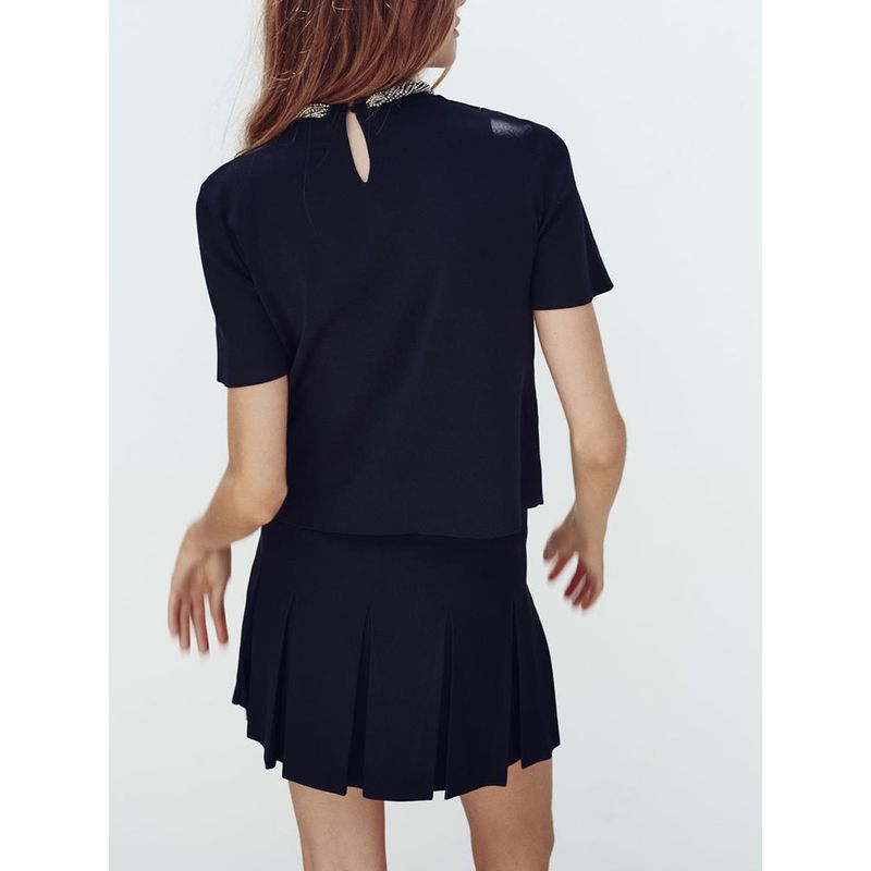 Za2024 Autumn New Women's Clothing Silm Neckline Beaded Short Sleeve Round Collar In Black Plain Stitch Tops 3920168