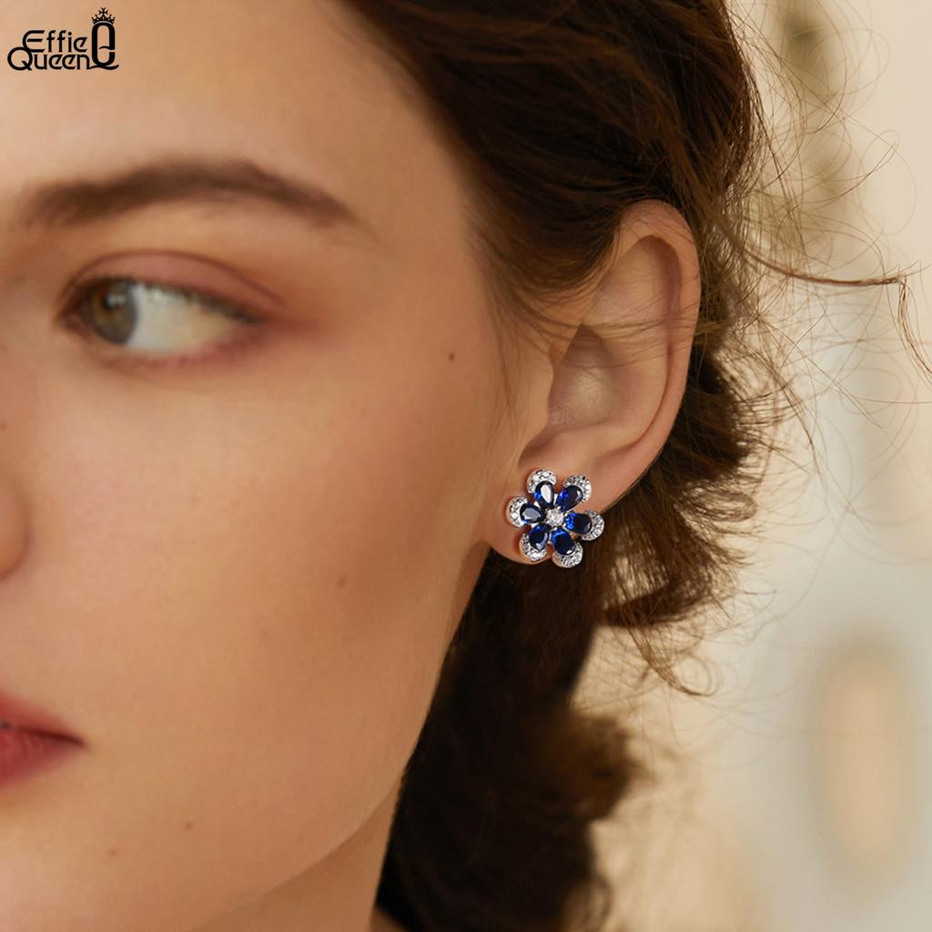 EFFIE QUEEN Blue Sapphire Flower Stud Earrings for Women Full Diamond Sparkling Zircon Wedding Jewelry Pure 925 Silver LZE21