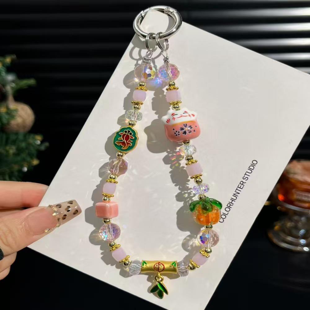 New Lucky Cat Persimmon Mobile Phone Lanyard: Chinese Style Glazed Crystal Charm for Phones, Bags, and Keyrings
