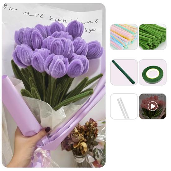 200 Pcs Pipe Cleaners Craft DIY Pipe Cleaner Flower Making Kit Colored Chenille Stems Bulk with Floral Wires Gardening Tape for Art Craft Supplies