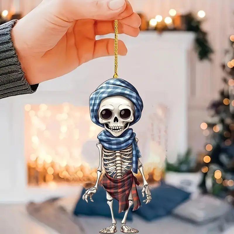 Acrylic Themed Halloween Checkered Scarf Design Skull Pendant For Car Interior