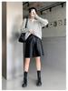 2025 Women's High Waist PU Washed Leather Bootcut Shorts - Mid-Length, Wide Leg, Loose Slimming Fit for Autumn/Winter