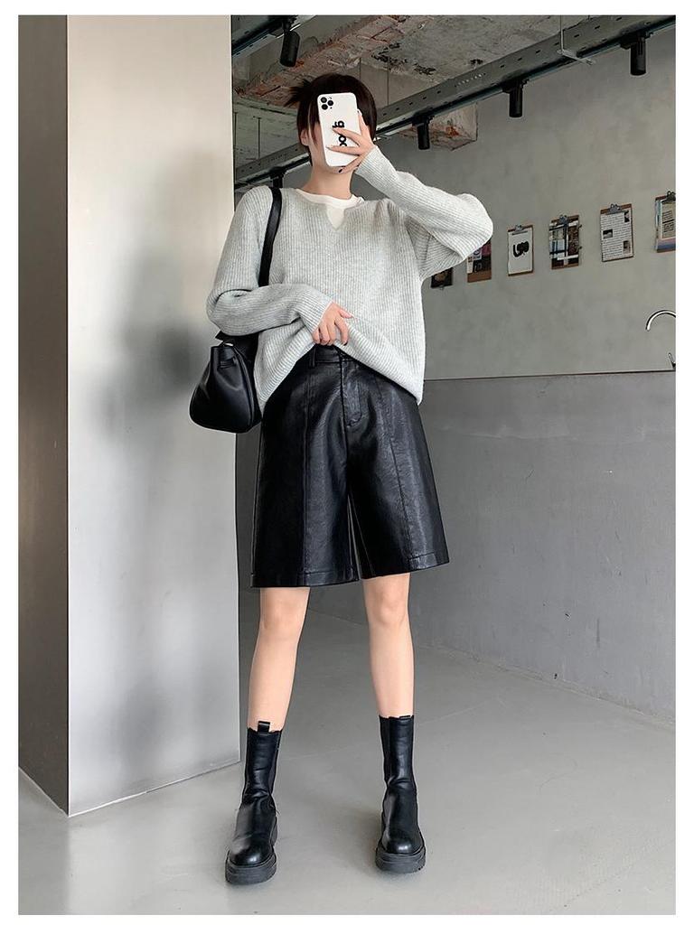 2025 Women's High Waist PU Washed Leather Bootcut Shorts - Mid-Length, Wide Leg, Loose Slimming Fit for Autumn/Winter