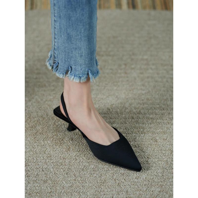 Summer 2025 New Women Black Baotou Sandals Woman Heels Pumps Silk Sexy Pointed Sandalias Female Low Heels Shoes