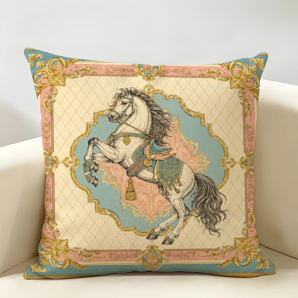 Luxury Vintage Horse Lion Cushion Cover Durable Hypoallergenic Organic Linen Pillow Cover Short Size Washable Skin-Friendly