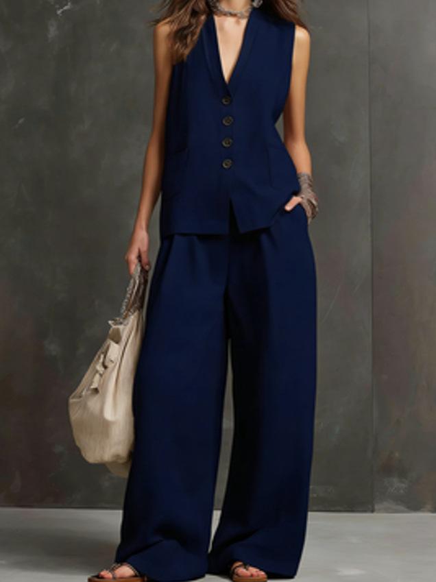 Completo da Donna in Due Pezzi con Gilet Scollo a V Senza Maniche Monopetto e Pantaloni a Gamba Larga Vita Alta Aspetto Lino