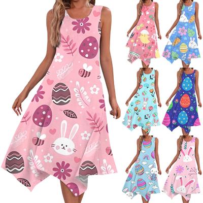 Kadın Günlük Moda Yuvarlak Yaka Kolsuz Paskalya Baskı Düzensiz Etek Midi Elbise