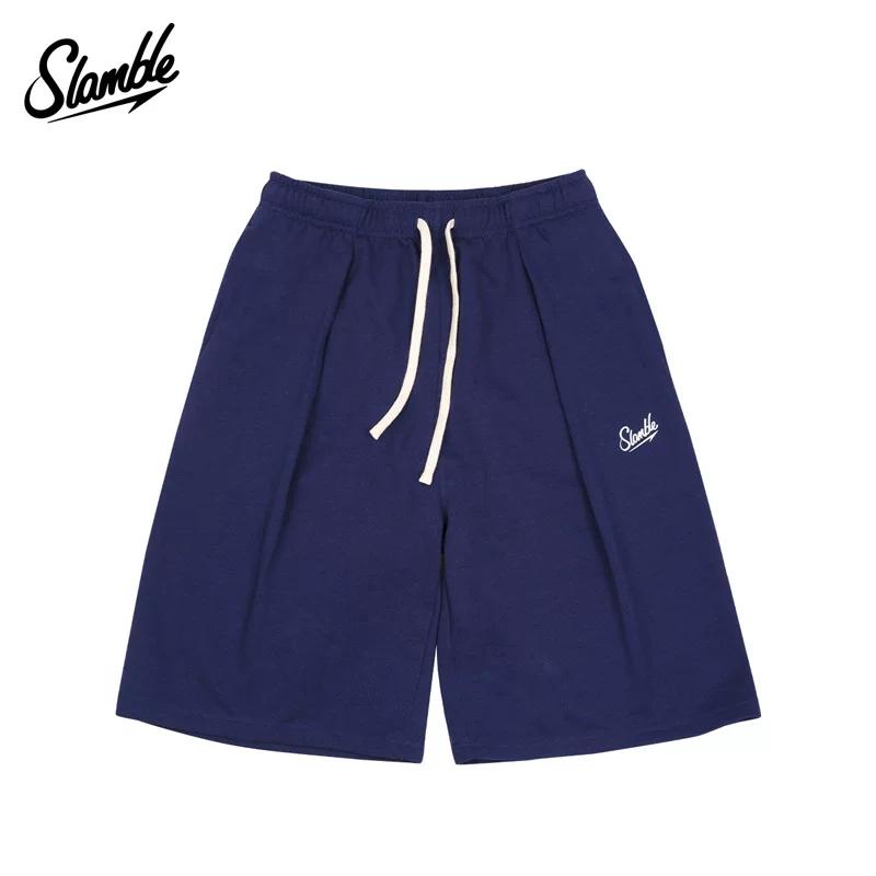Slamble American-Style Casual Terry Cropped Pants for Men and Women, Loose Fit, Sweat-Absorbent, Above-The-Knee, Letter Print, Summer Fashion