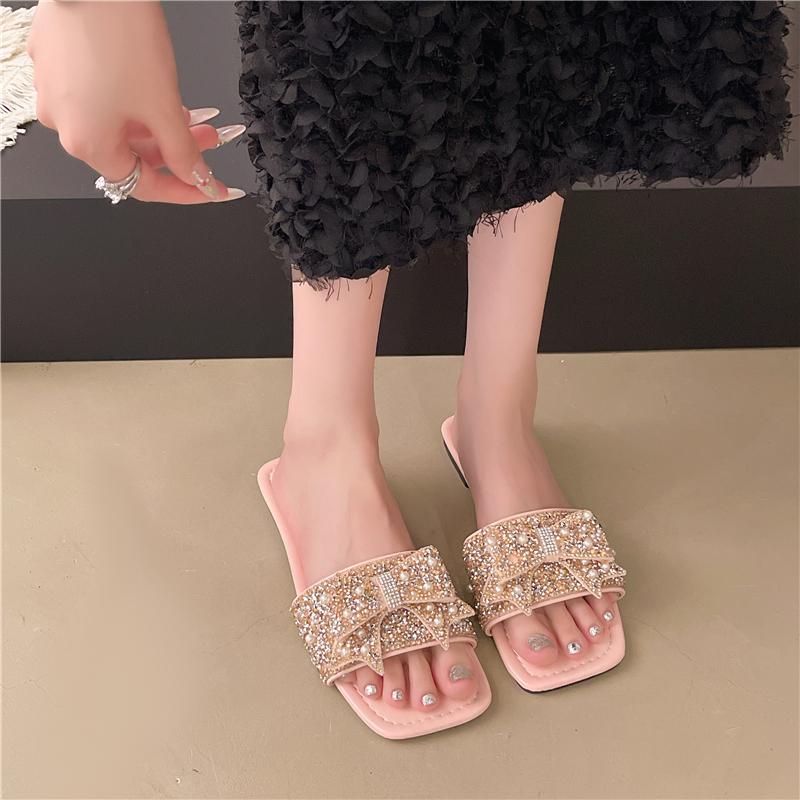 Fashion Plus Size Slippers Summer Slip Out Women's New Square Toe Open Toe Rhinestone Bow Non-Slip Soft Sole Flats