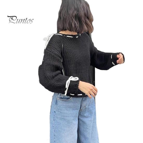 

Женский свитер с круглым вырезом и длинным рукавом, трикотажные топы, однотонные, со шнуровкой и бантом, свободный крой, эластичный трикотаж M