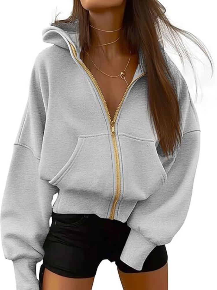 

Women s Military Green Hooded Zip-Up Cropped Sweatshirt with Pockets, Multi-Color Options XL сірий колір