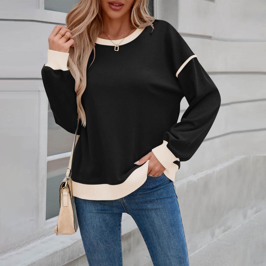 Women's Fashionable Round-Neck Wool Blend Long-Sleeve Color-Blocked Oversized Top