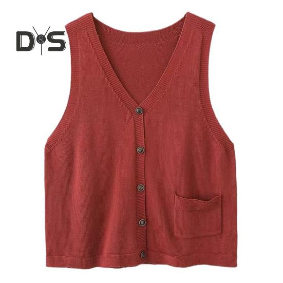 Women Knitting Vest V-Neck Sleeveless Single Breasted Warm Waistcoat Solid Color Loose Fit Knitted Tank Tops with Pockets