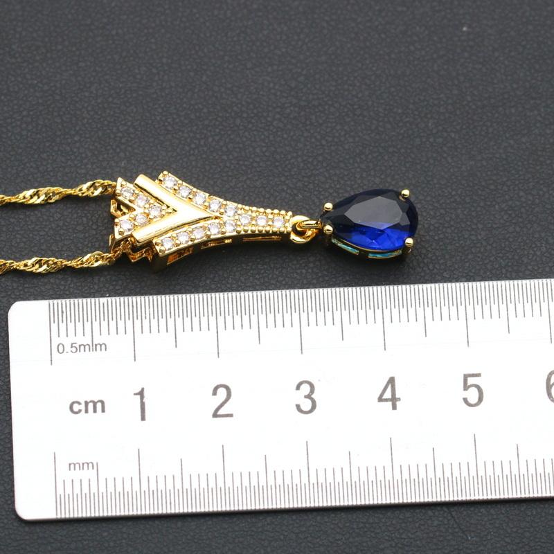 Blue Crystal Luxury Jewelry Bridal Set for Women Long Water Drop Pendant Necklace Earrings Ring for Weddings Parties Zircon