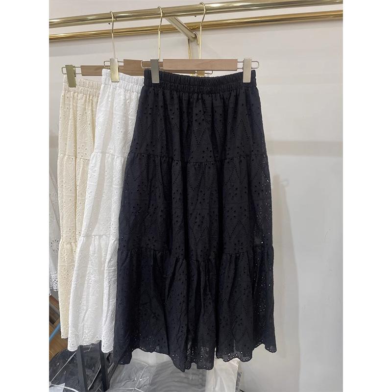 [Original fabric] Korean high-waisted and thin embroidery hollow medium and long skirt women's A-shaped skirt versatile skirt