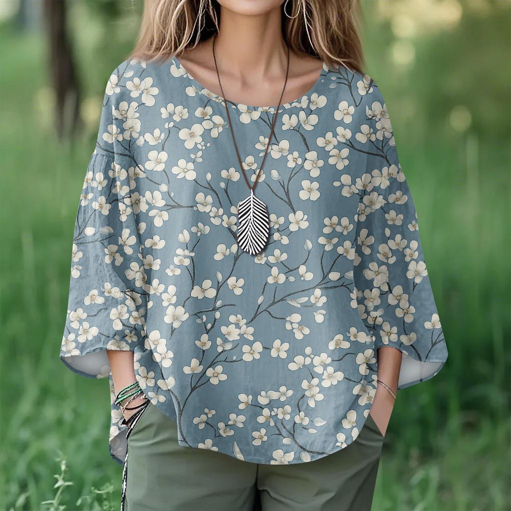 Summer Tops For Women Cute O Neck 3/4 Sleeve Blouses Floral Print Top Casual Shirts