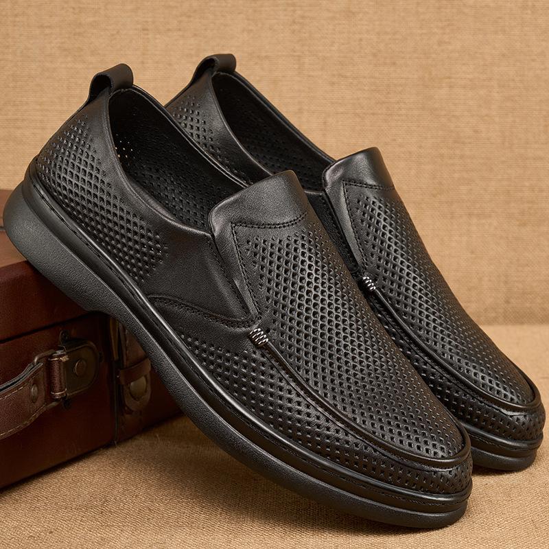 Men s Slip-on Breathable Cowhide Leather Shoes - Casual Summer Soft Sole 44 чёрный