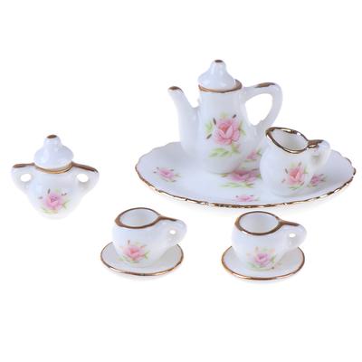 8Pcs 1/12 Dollhouse Miniature Dining Ware Porcelana Chá Conjunto Prato Copos