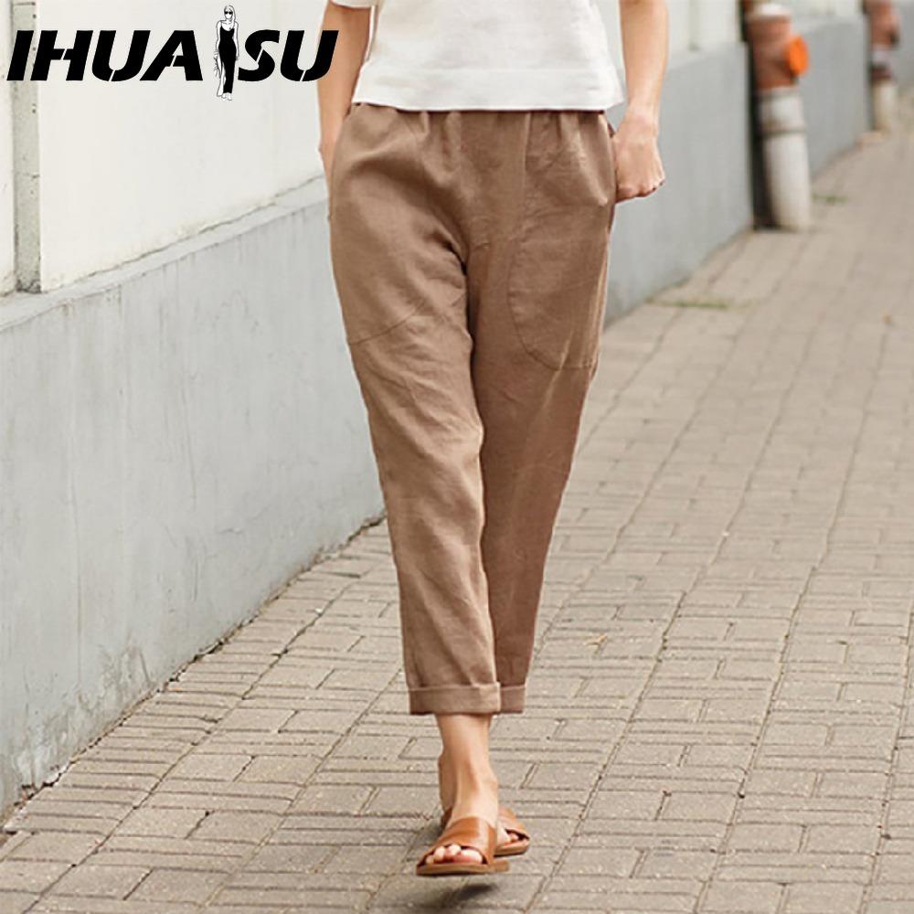 IHUASU Dámské letní jednobarevné kalhoty s dvojitou kapsou volné dlouhé kalhoty dámské bavlněné lněné kalhoty
