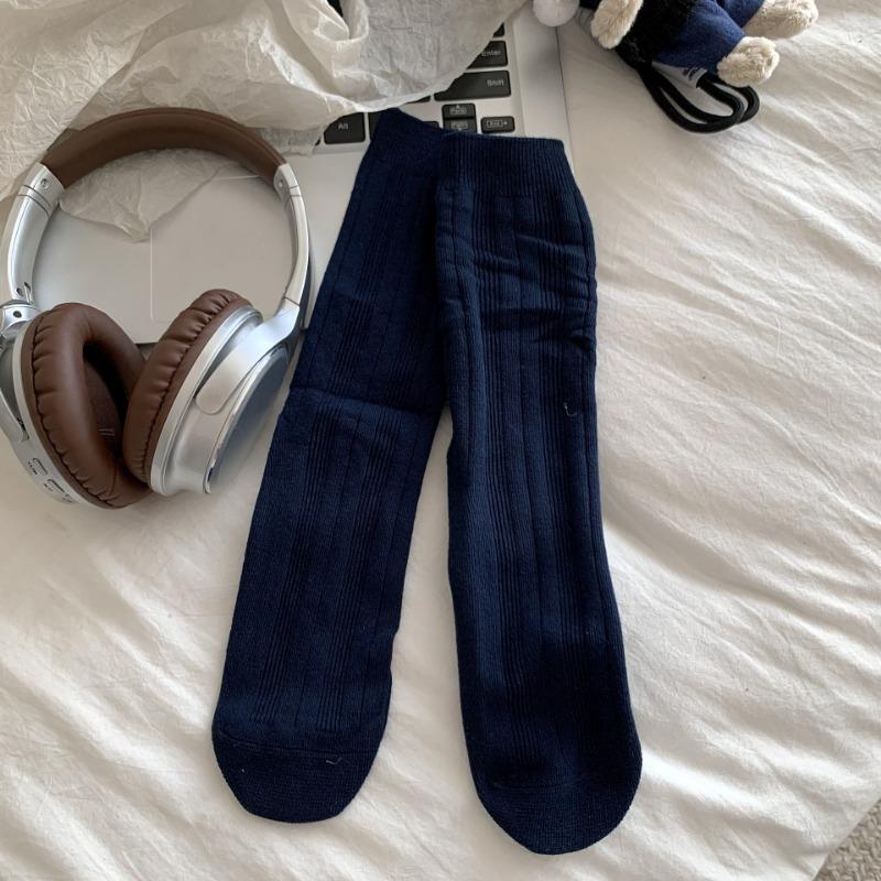 

Женские весенне-осенние новые однотонные гольфы с вертикальным рубчиком в студенческом стиле 1 pair темно-синий