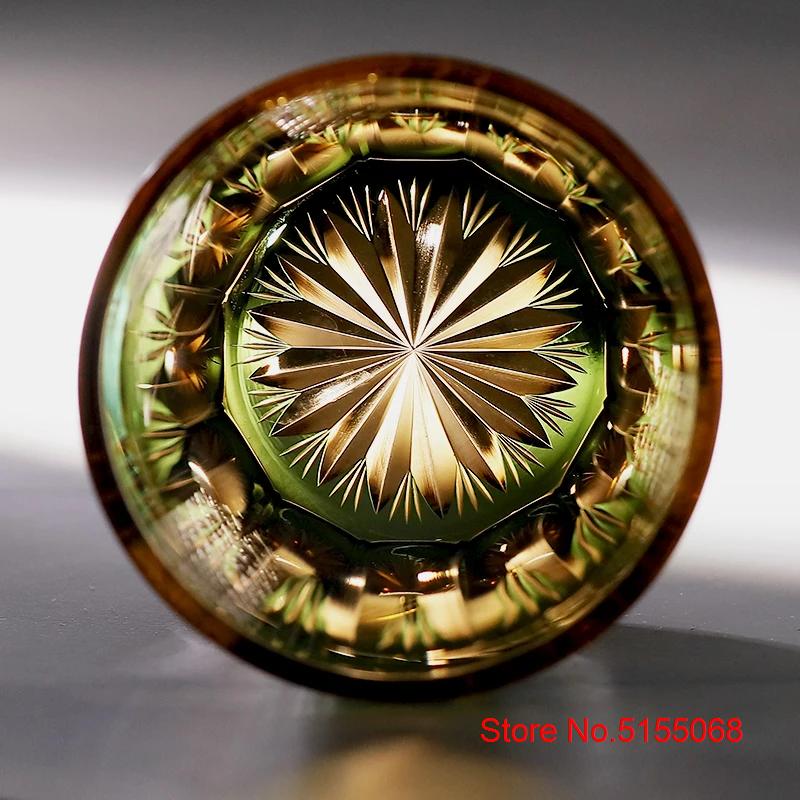 Bicchiere da Vino di Lusso Stile Giapponese Edo Kiriko Verde Blu Cristallo Bicchiere da Whisky Incisione a Mano Pavone Bicchiere da Whisky