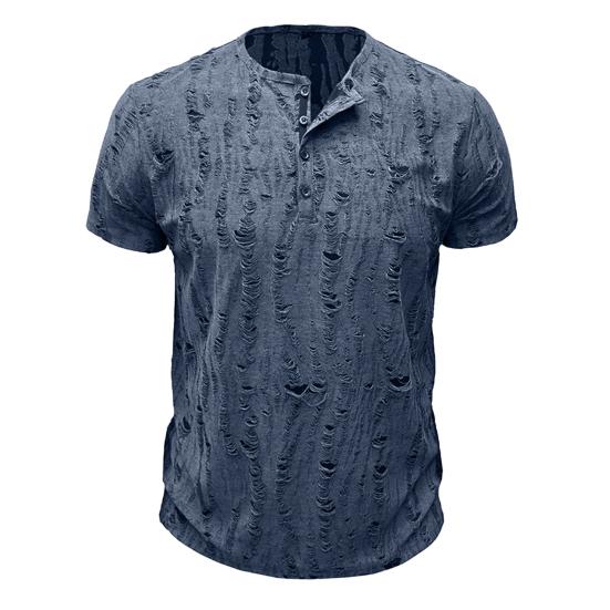 Summer Men Top Short Sleeves Round Neck Ripped Holes Buttons American Style Solid Color Shirt for Streetwear Daily Travel