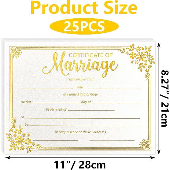 Lesnala 25Pcs Marriage Certificates with Gold Foil Edges Blank Thick Paper for Wedding Ceremony Official Newly Weds Expecting Proposals Supplies 11 X