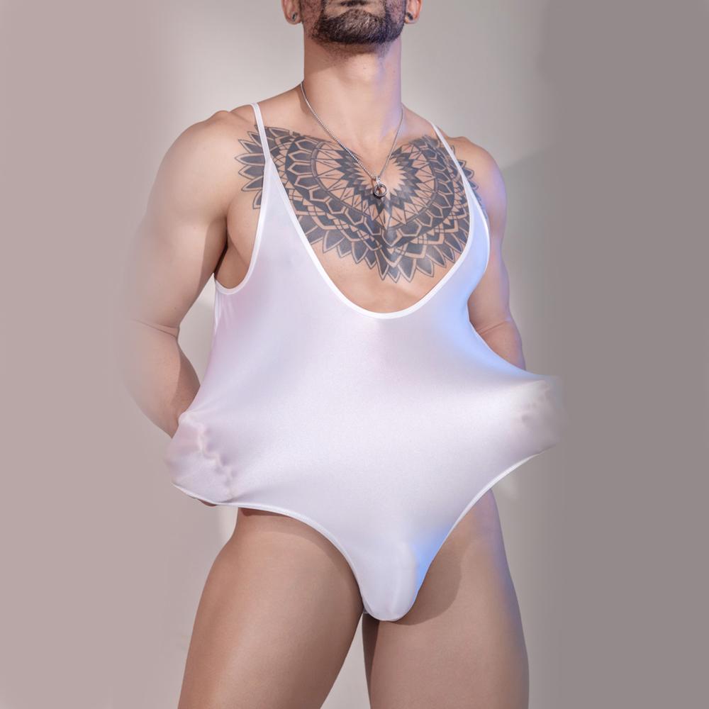 Sexy Men Deep V Neck Bandage High Cut Bodysuit Elastic Corset Body Shaper Glossy Shiny Vest Gay Leotard Backless Tank Top