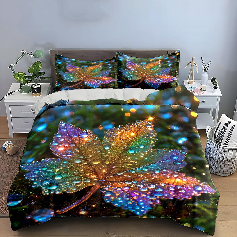 Rainbow Leaf Bedding Set, Magical Colorful Maple Leaf with Dewdrops Print Duvet Cover + 2 Pillowcases, Enchanted Nature Decor