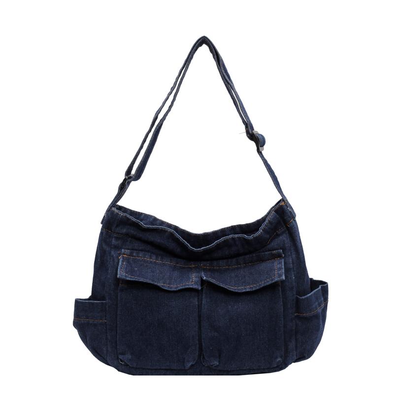 

Женская сумка-тоут большой вместимости для поездок на работу из денима, сумка через плечо темно-синий