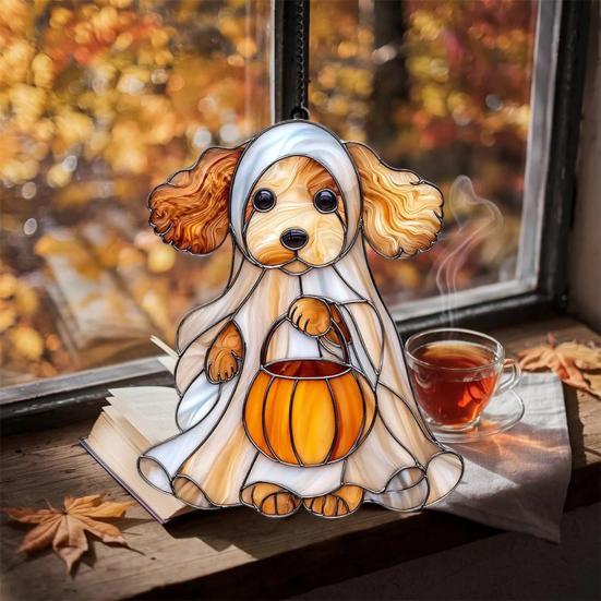 Halloween Ghost Suncatcher Colorful Dog/Cat Pattern Window Hanging Ornament with Pumpkin 2D Acrylic Suncatcher for Halloweens Decor