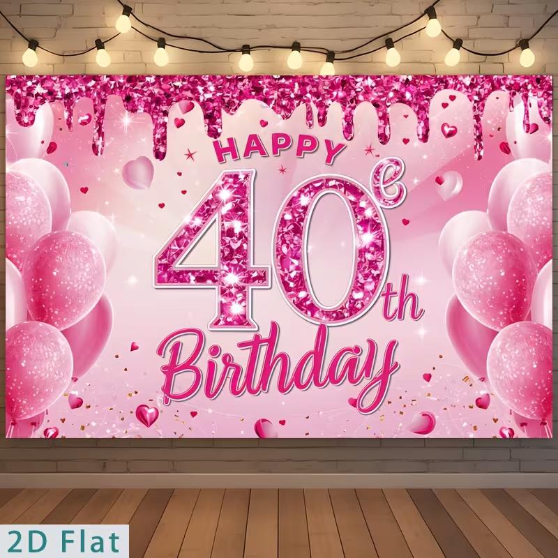 2D Pink Glitter Drip 40th Birthday Backdrop - Balloon & Heart Background Banner for 40th Birthday Celebration 47.2x31.5inch/120*80cm