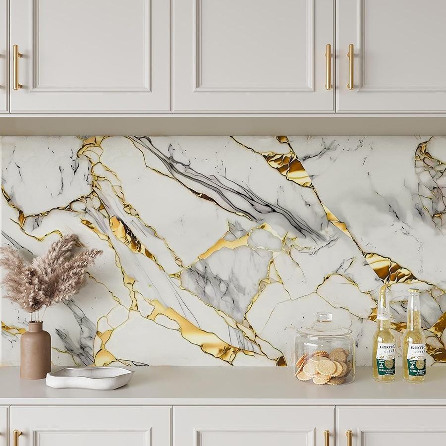 Self-Adhesive Gold Foil Marble Wallpaper Peel & Stick, Waterproof Oil-Proof Kitchen Backsplash Countertop Sticker, 5-Layer PET Wall Decal for Furnitur