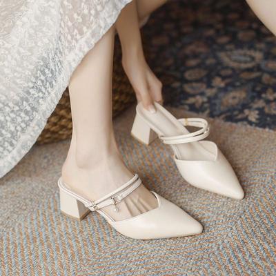 Soft Leather Half Slippers for Women, Pointed Toe Sandals for Women's Outdoor Wear, Thick Heels for Women's Middle Wear, and Two Pairs of Slippers